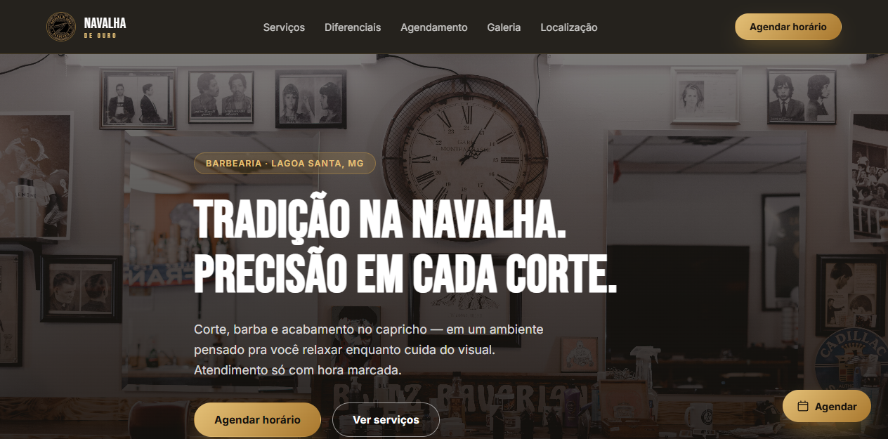 Print do site modelo de Navalha de Ouro, Barbearia