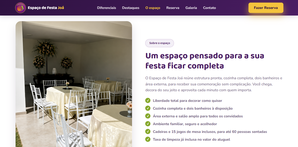 Print do site modelo de Espaço de Festa Joá, Espaço de festas