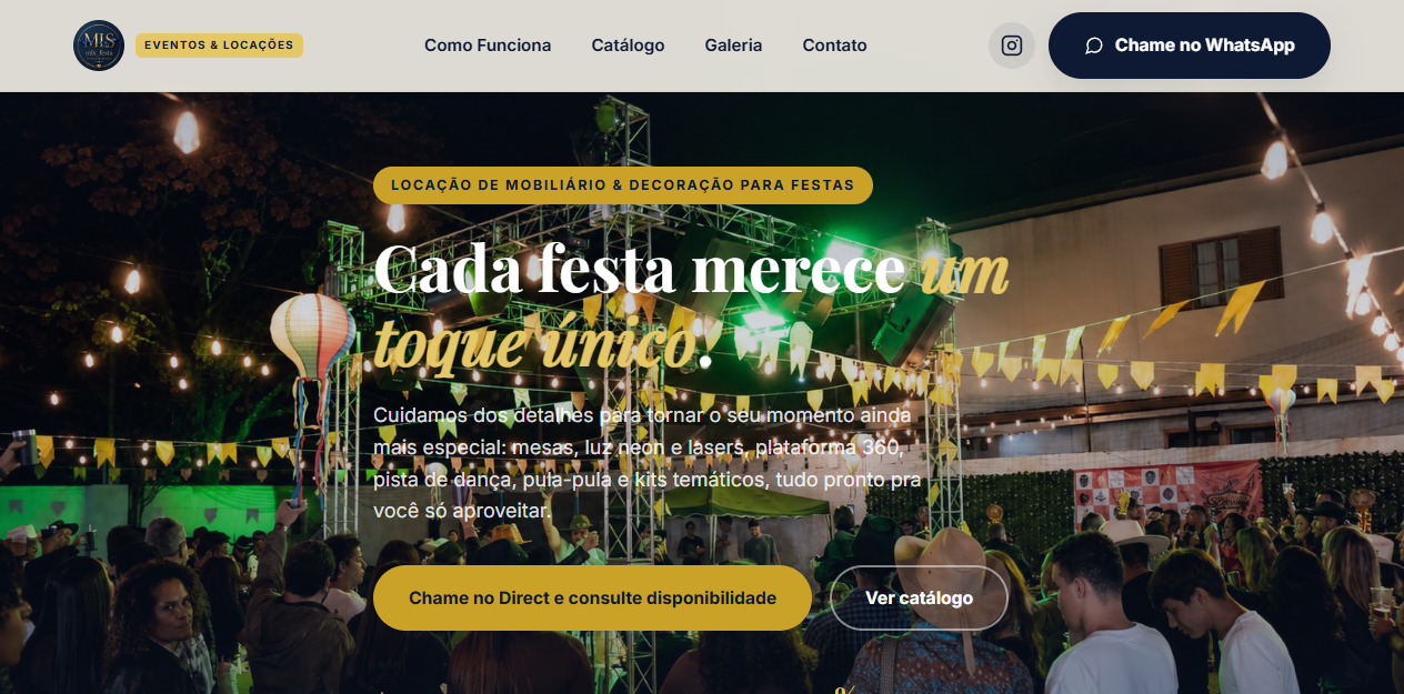 Print do site modelo de MLS Festa, Locação de mobiliário e decoração